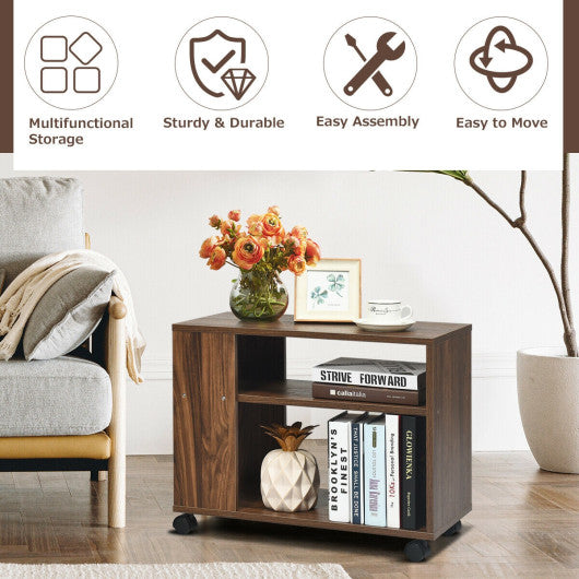 Multifunctional 3-Tier Side Table with Wheels and Large Storage Shelf