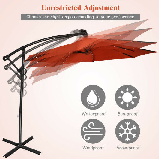 10 ft 360° Rotation Solar Powered LED Patio Offset Umbrella without Weight Base-Orange