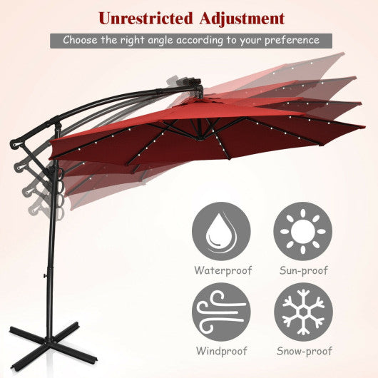 10 ft 360° Rotation Solar Powered LED Patio Offset Umbrella without Weight Base-Dark Red