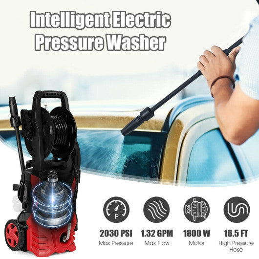 1800W 2030PSI Electric Pressure Washer Cleaner with Hose Reel-Red