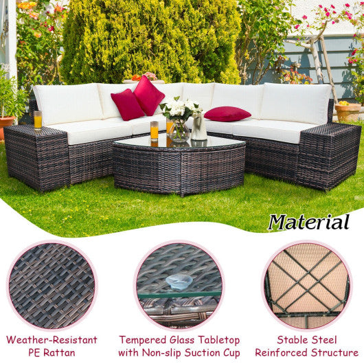 6 Piece Wicker Patio Sectional Sofa Set with Tempered Glass Coffee Table-White