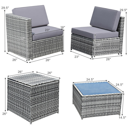 8 Pieces Wicker Sofa Rattan Dining Set Patio Furniture with Storage Table-Gray