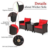 3 Pcs Patio Rattan Furniture Set Cushioned Conversation Set Coffee Table-Red