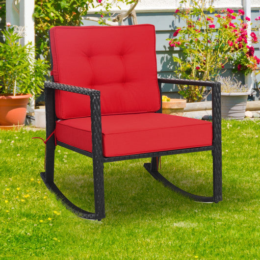 Patio Rattan Rocker Outdoor Glider Rocking Chair Cushion Lawn-Red