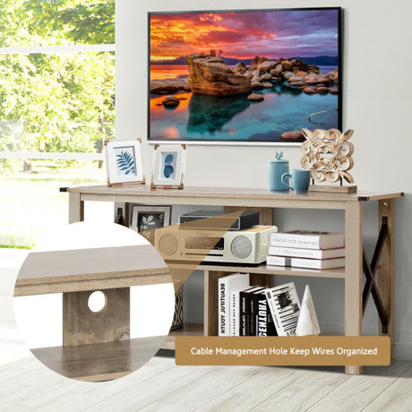 3 Tier Wood TV Stand for 55-Inch with Open Shelves and X-Shaped Frame-Gray