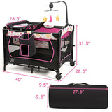 3-in-1 Convertible Portable Baby Playard with Music Box and Wheel and Brakes-Pink