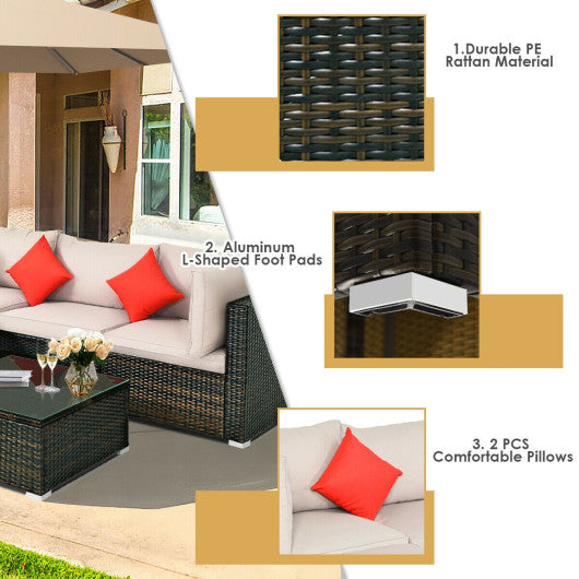 5 Pieces Outdoor Patio Rattan Furniture Set With Cushions-Beige