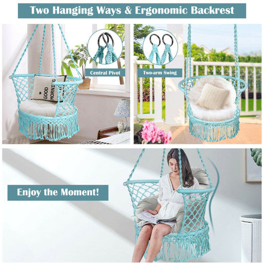 Hanging Hammock Chair with 330 Pounds Capacity and Cotton Rope Handwoven Tassels Design-Turquoise