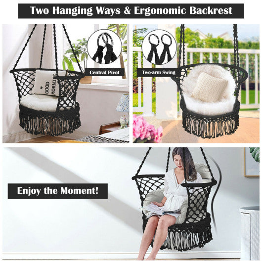 Hanging Hammock Chair with 330 Pounds Capacity and Cotton Rope Handwoven Tassels Design-Black