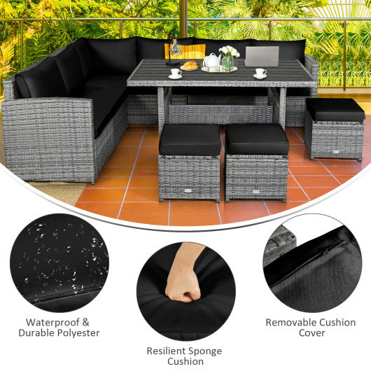 7 Pieces Patio Rattan Dining Furniture Sectional Sofa Set with Wicker Ottoman-Black