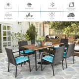 7Pcs Patio Rattan Cushioned Dining Set with Umbrella Hole-Turquoise