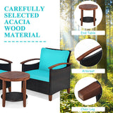 3 Pieces Patio Rattan Furniture Set with Washable Cushion and Acacia Wood Tabletop-Turquoise