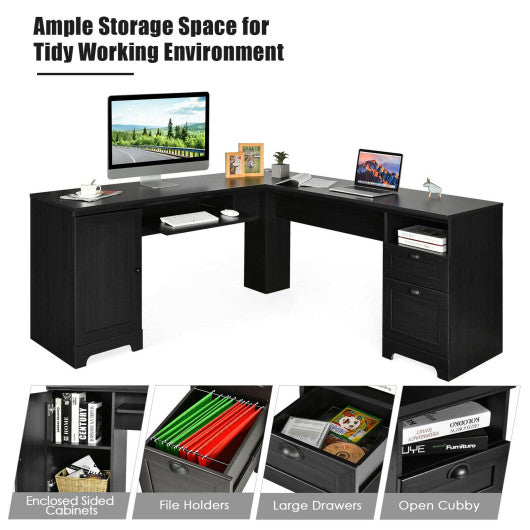 66 Inch L-Shaped Writing Study Workstation Computer Desk with Drawers-Black