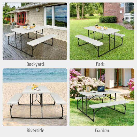 Indoor and Outdoor Folding Picnic Table Bench Set with Wood-like Texture-White