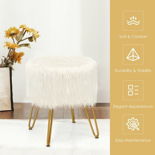 Faux Fur Vanity Stool Chair with Metal Legs for Bedroom and Living Room-White