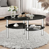 Tempered Glass Oval Side Coffee Table-Black