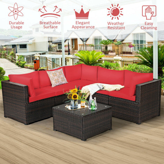 6 Pieces Patio Rattan Furniture Set Sectional Cushioned Sofa Deck-Red