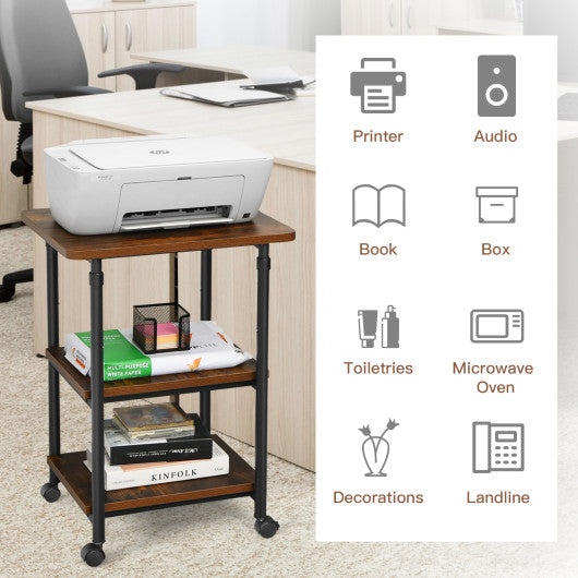 3-tier Adjustable Printer Stand with 360° Swivel Casters-Brown