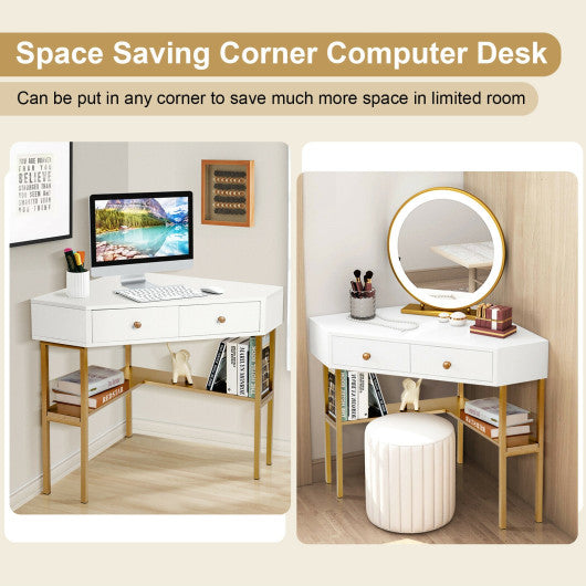 Space Saving Corner Computer Desk with 2 Large Drawers and Storage Shelf-Golden