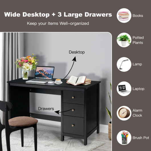 3-Drawer Home Office Study Computer Desk with Spacious Desktop-Black