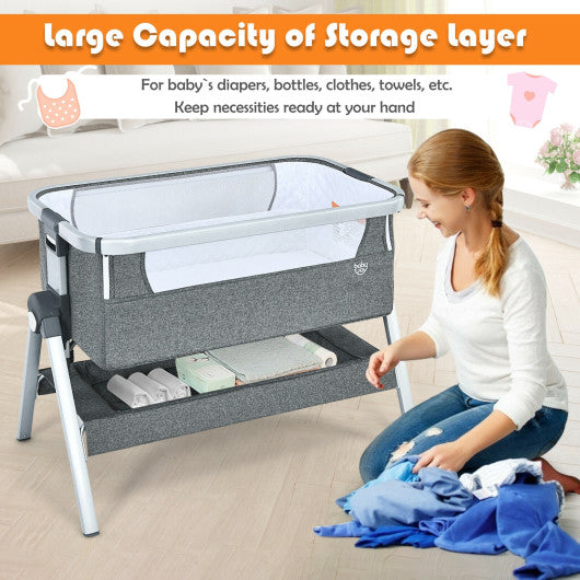 Baby Bassinet Bedside Sleeper with Storage Basket and Wheel for Newborn-Gray