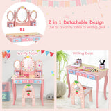 Kids Vanity Princess Makeup Dressing Table Chair Set with Tri-fold Mirror-Pink
