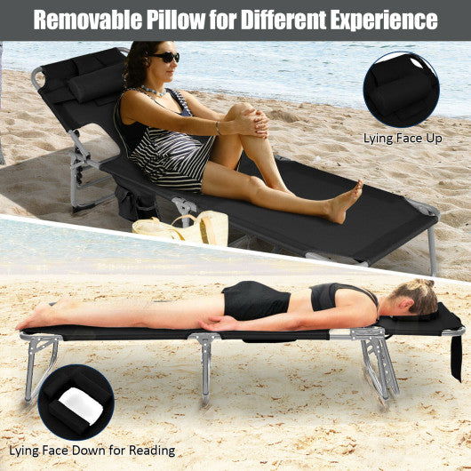 Folding Beach Lounge Chair with Pillow for Outdoor-Black