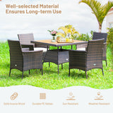 5 Pieces Patio Rattan Dining Furniture Set with Arm Chair and Wooden Table Top