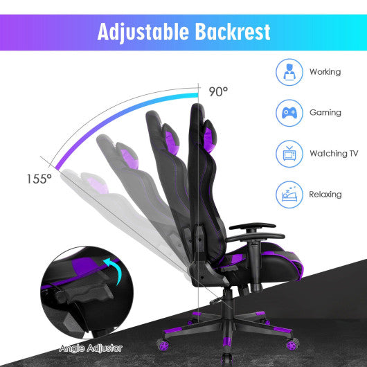 Adjustable Swivel Gaming Chair with LED Lights and Remote-Purple