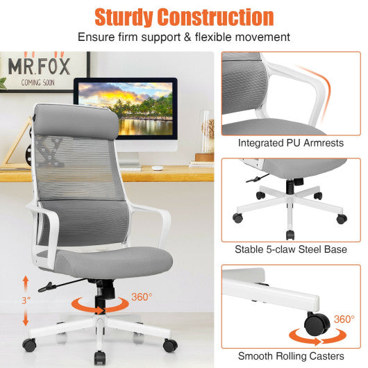 Adjustable Mesh Office Chair with Heating Support Headrest-Gray