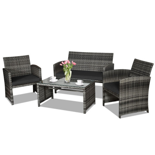 4 Pieces Patio Rattan Furniture Set with Glass Table and Loveseat-Black