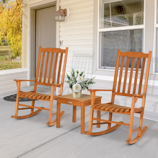 3 Pieces Eucalyptus Rocking Chair Set with Coffee Table