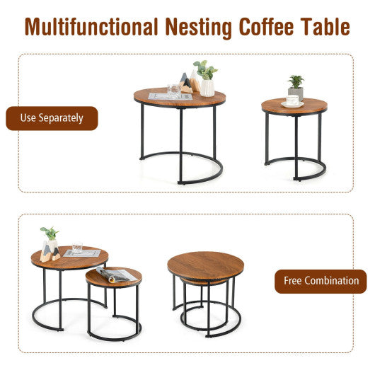 Set of 2 Modern Round Stacking Nesting Coffee Tables for Living Room-Light Brown