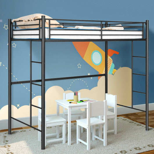 Twin Loft Bed Frame with 2 Ladders Full-length Guardrail -Black