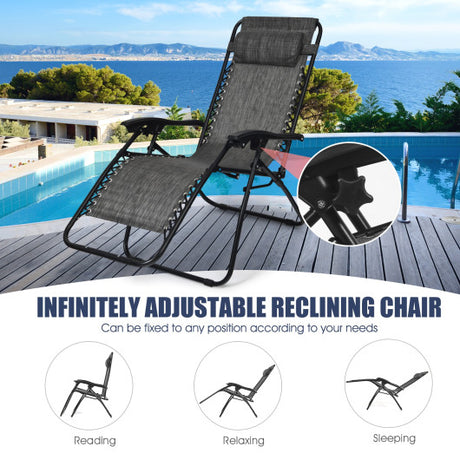 3 Pieces Folding Portable Zero Gravity Reclining Lounge Chairs Table Set-Gray