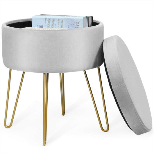 Round Velvet Storage Ottoman Footrest Stool Vanity Chair with Metal Legs-Gray