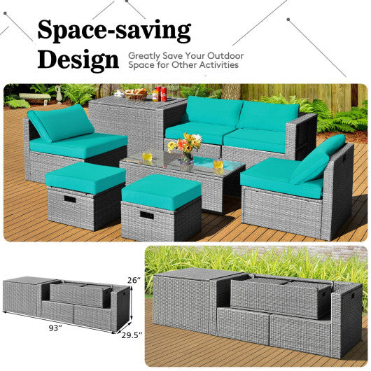 8 Pieces Patio Rattan Furniture Set with Storage Waterproof Cover and Cushion-Turquoise