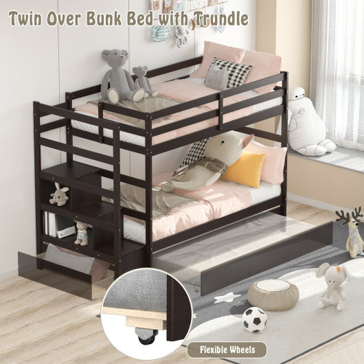 Twin Over Twin Bunk Bed with Storage Shelf and Drawer-Dark Brown