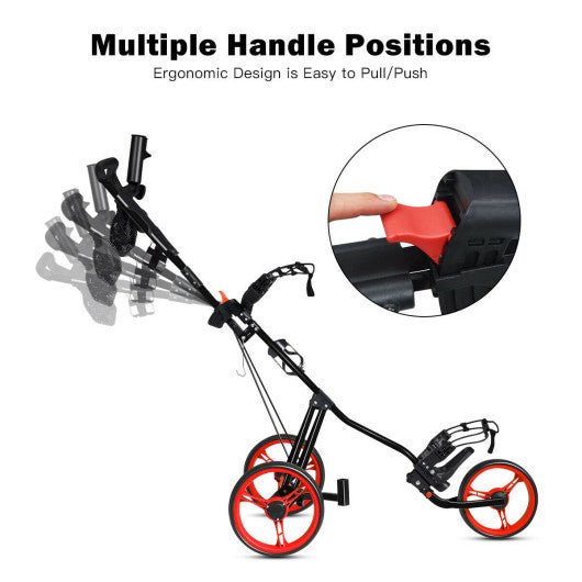 Foldable 3 Wheels Push Pull Golf Trolley with Scoreboard Bag-Red