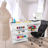Folding Sewing Table Shelves Storage Cabinet Craft Cart with Wheels-White
