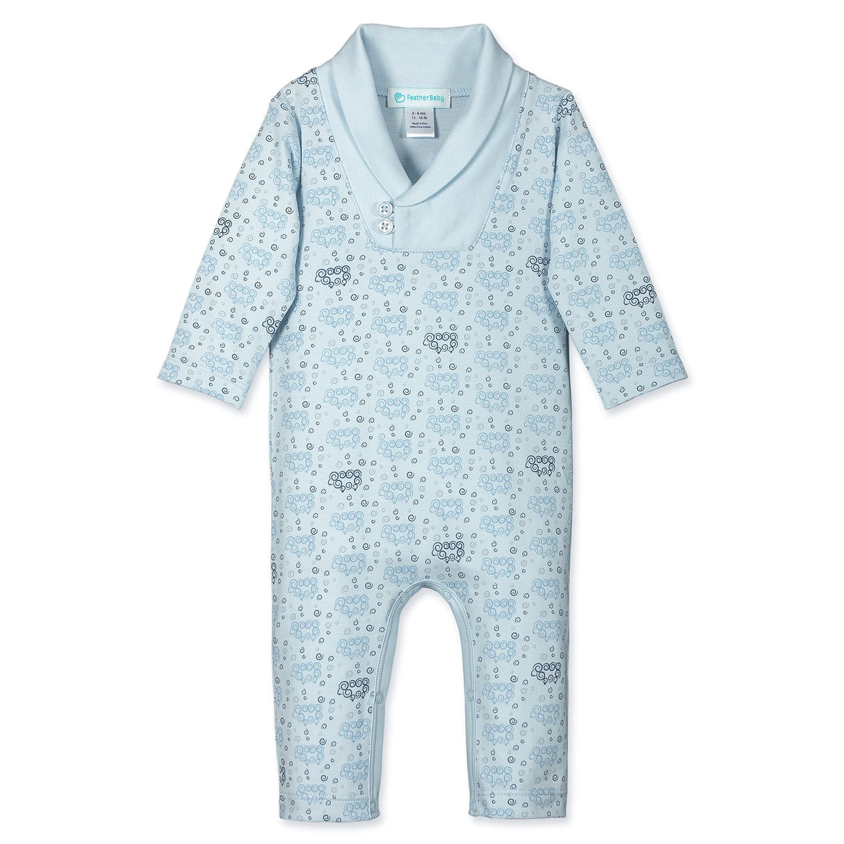 Shawl-Neck Romper - Curly Sheep on Baby Blue  100% Pima Cotton by Feather Baby