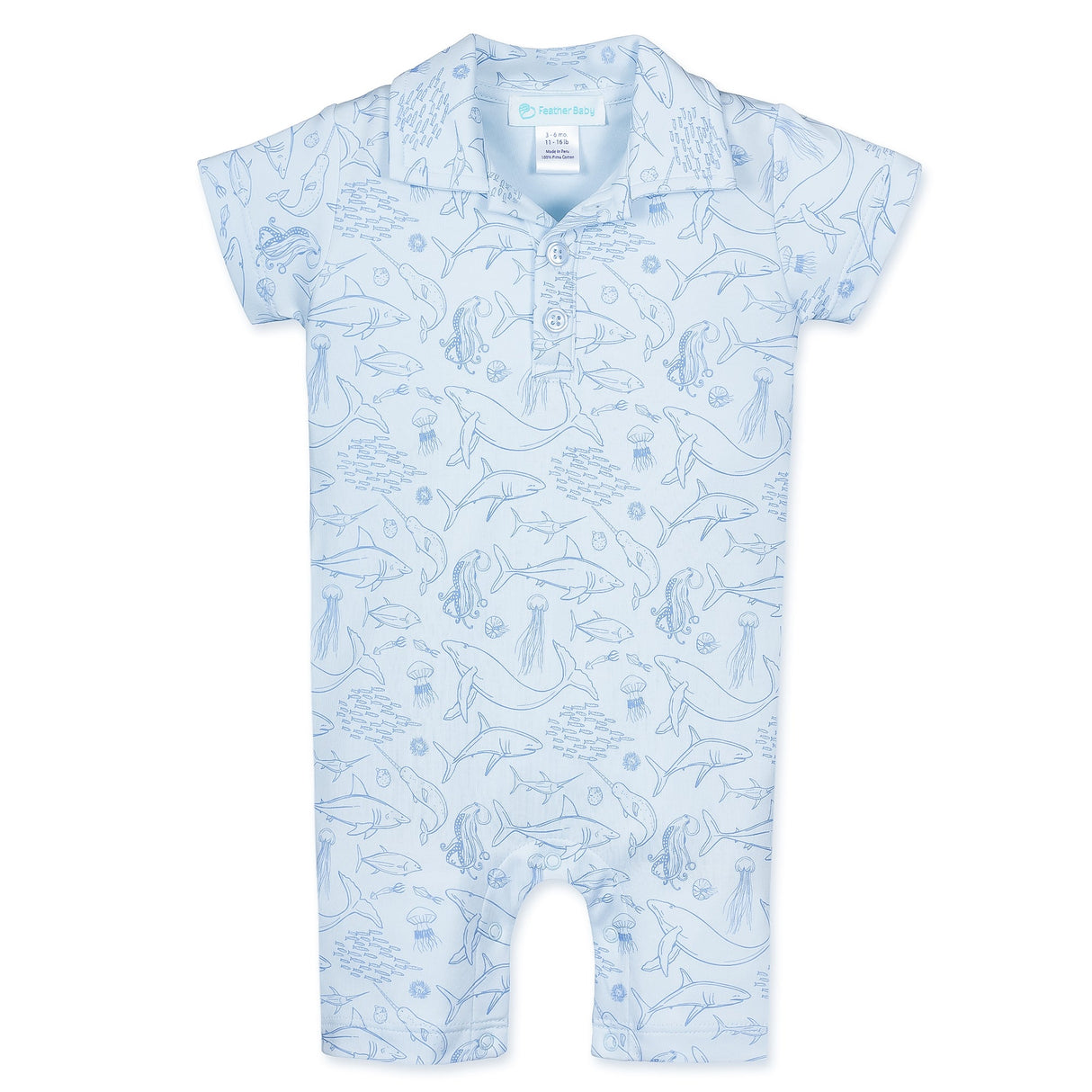 Collared Romper - Deep Ocean Dive on Baby Blue  100% Pima Cotton by Feather Baby