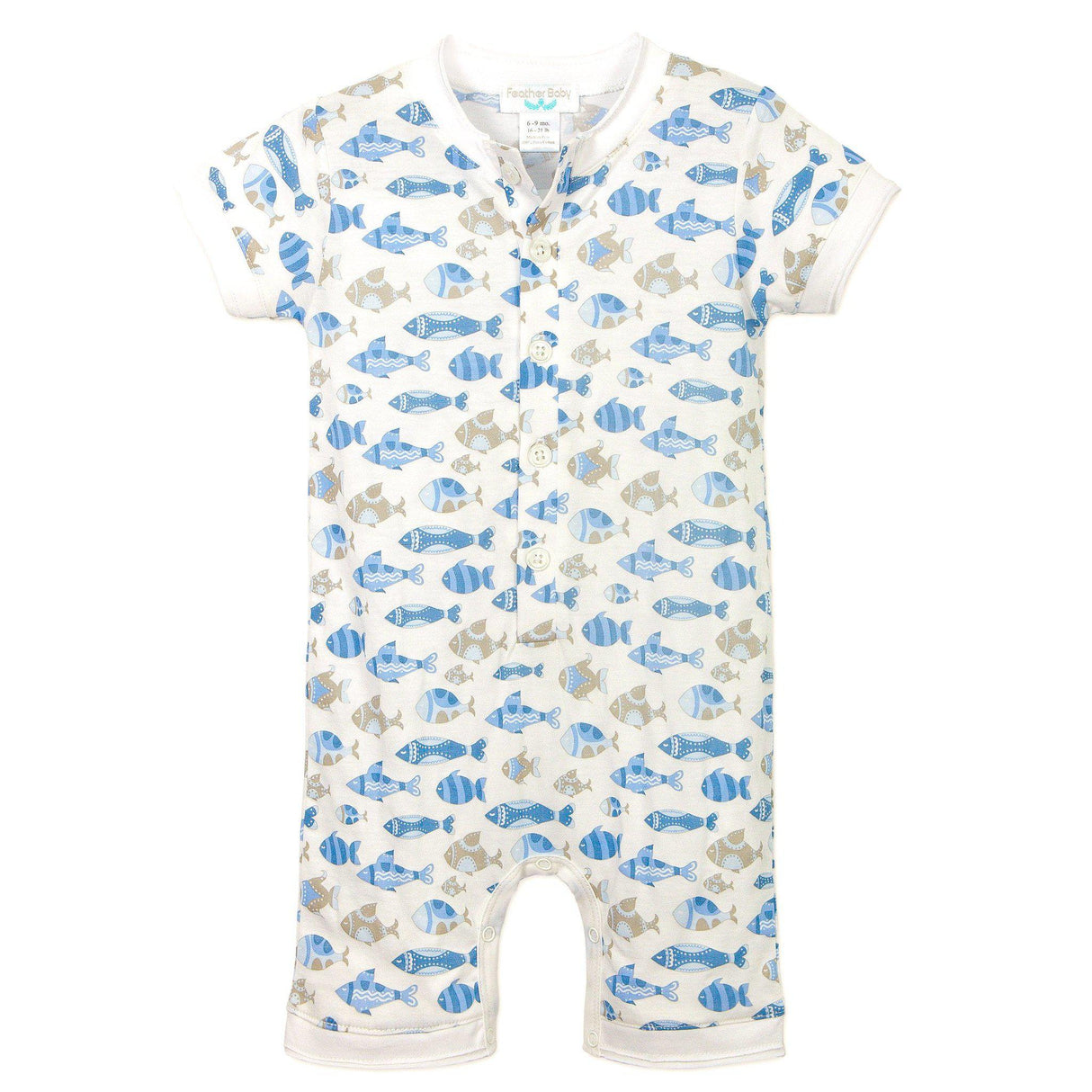 Henley Romper - Skinny Fish on White  100% Pima Cotton by Feather Baby