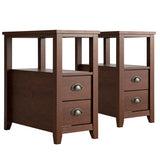 Set of 2 End Table Wooden with 2 Drawer & Shelf Bedside Table-Brown