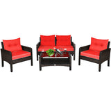 4 Pieces Outdoor Rattan Wicker Loveseat Furniture Set with Cushions-Red