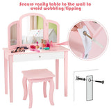 Kids Princess Make Up Dressing Table with Tri-folding Mirror and Chair-Pink