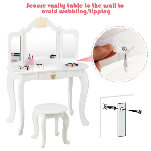 Kids Makeup Dressing Table with Tri-folding Mirror and Stool-White