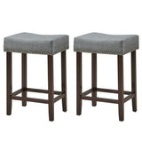 2 Pieces Nailhead Saddle Bar Stools with Fabric Seat and Wood Legs-Gray