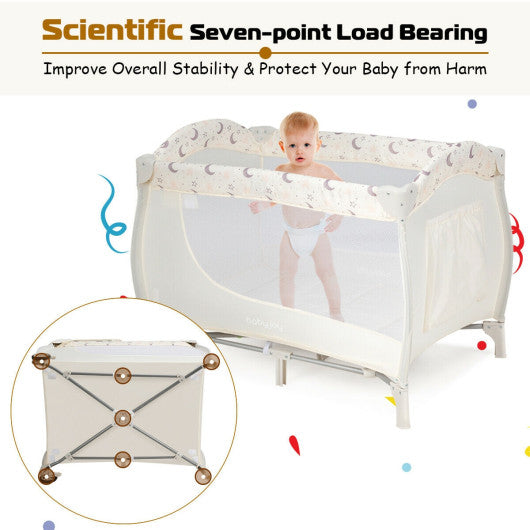 Foldable Safety  Baby Playard for Toddler Infant with Changing Station-Beige