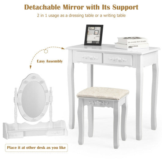 Makeup Vanity Dressing Table Set with Dimmable Bulbs Cushioned Stool-White